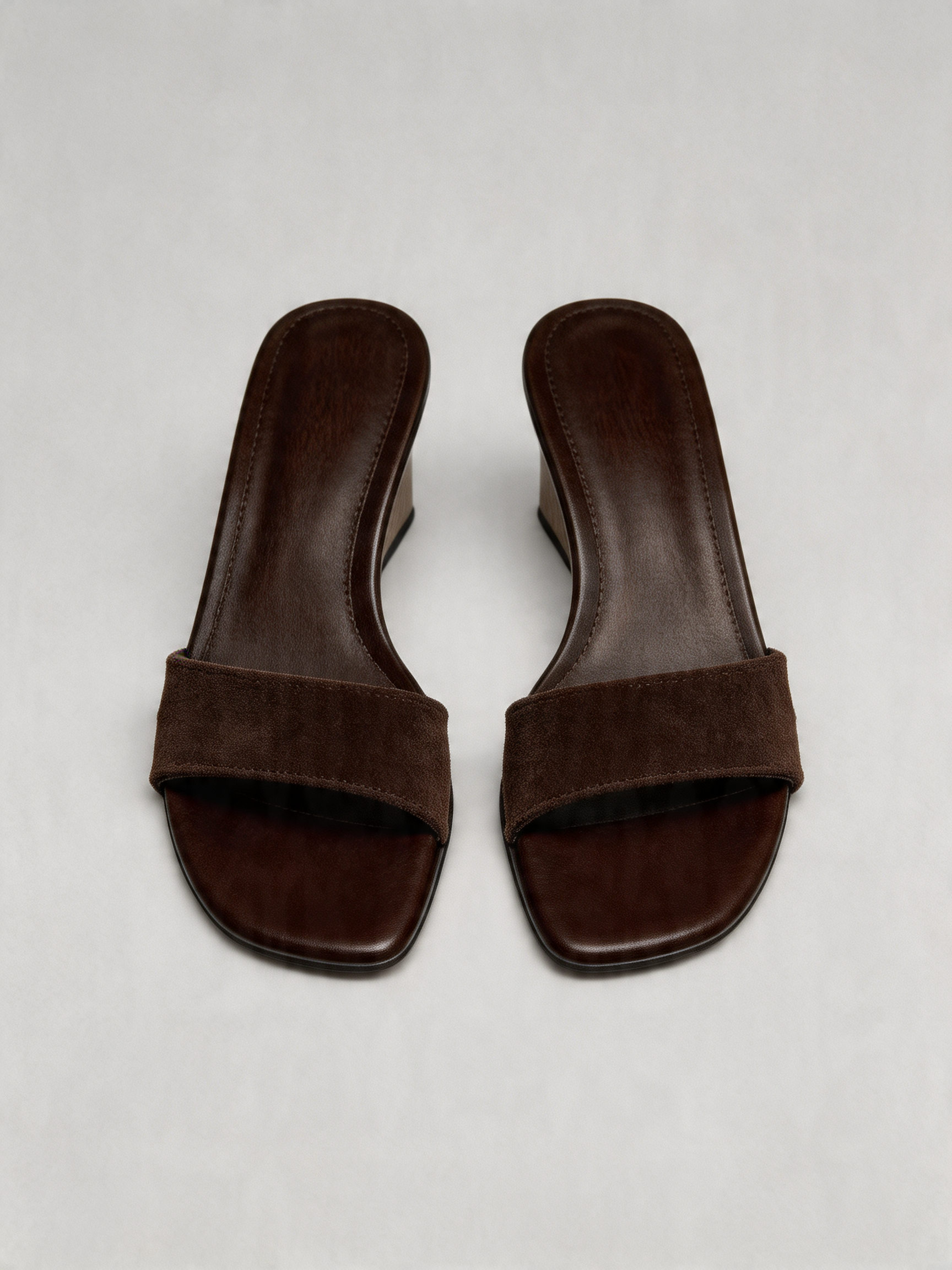 Suede open toe wedge mule sandal wide strap low wedge espresso brown women's