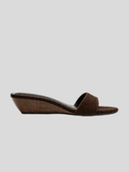 Suede open toe wedge mule sandal wide strap low wedge espresso brown women's