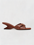 Leather twist knot strap mule flat square open toe chocolate brown women's