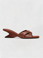 Leather twist knot strap mule flat square open toe chocolate brown women's