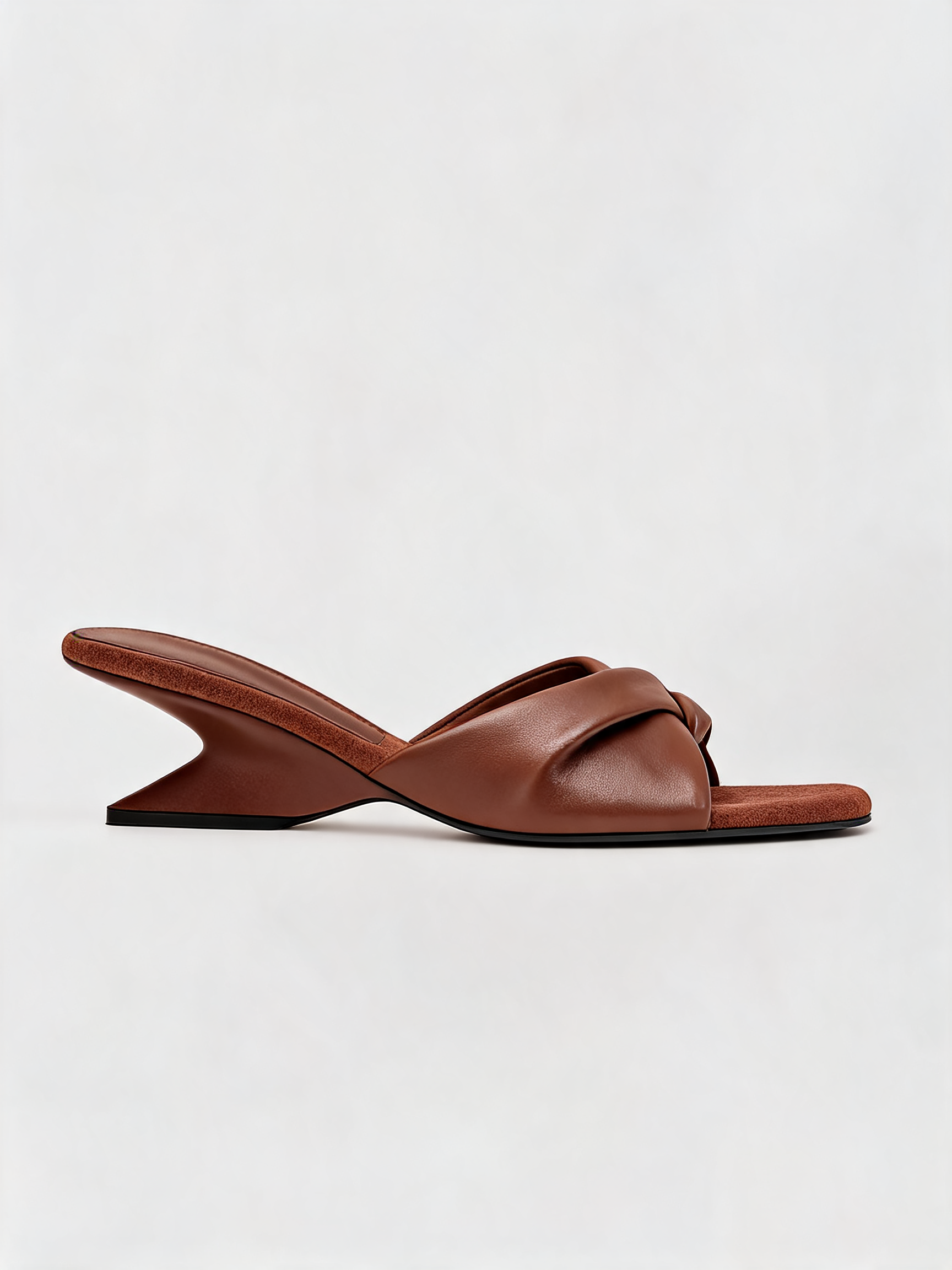Leather twist knot strap mule flat square open toe chocolate brown women's