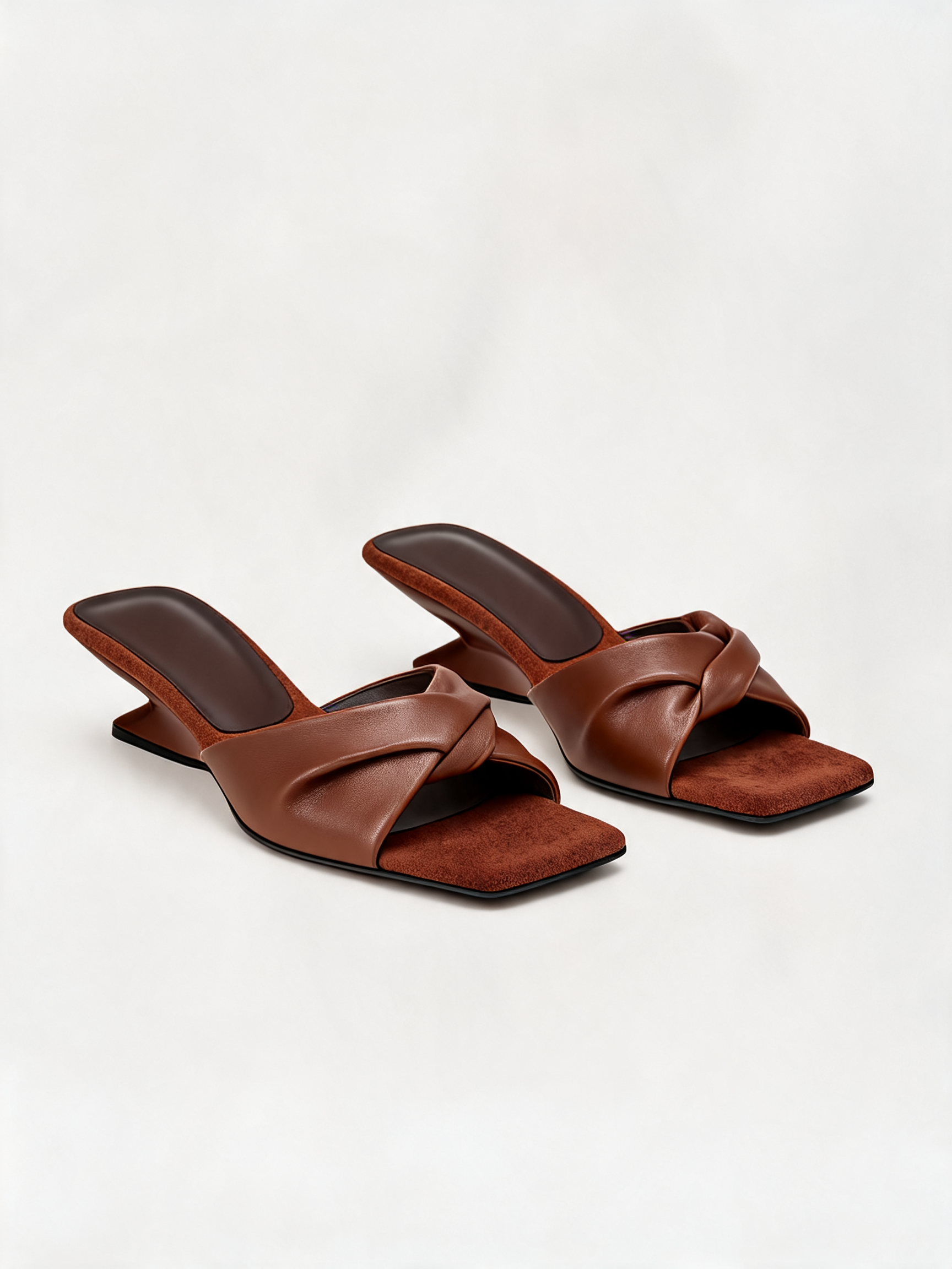 Leather twist knot strap mule flat square open toe chocolate brown women's
