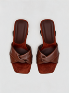 Leather twist knot strap mule flat square open toe chocolate brown women's