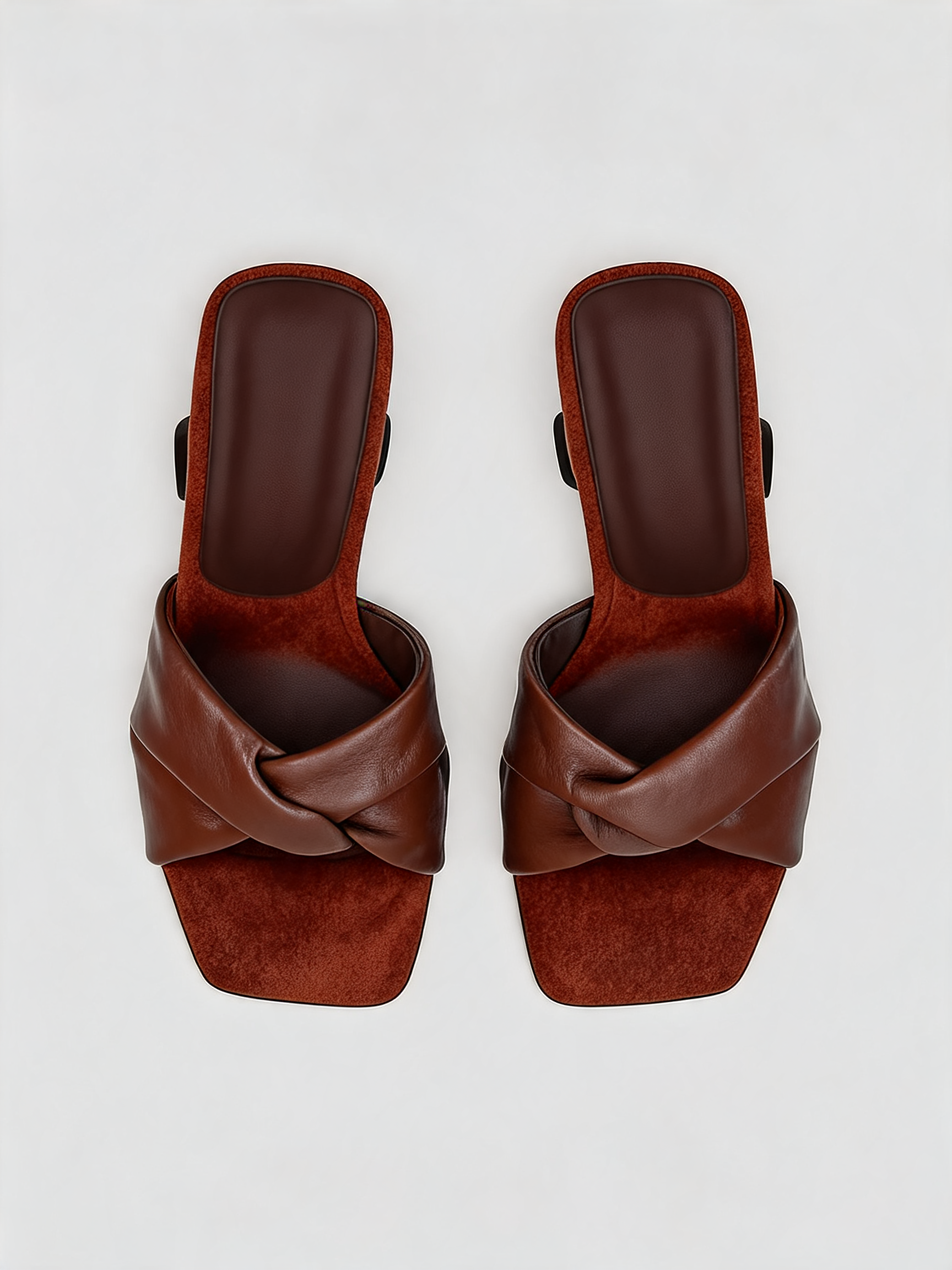 Leather twist knot strap mule flat square open toe chocolate brown women's
