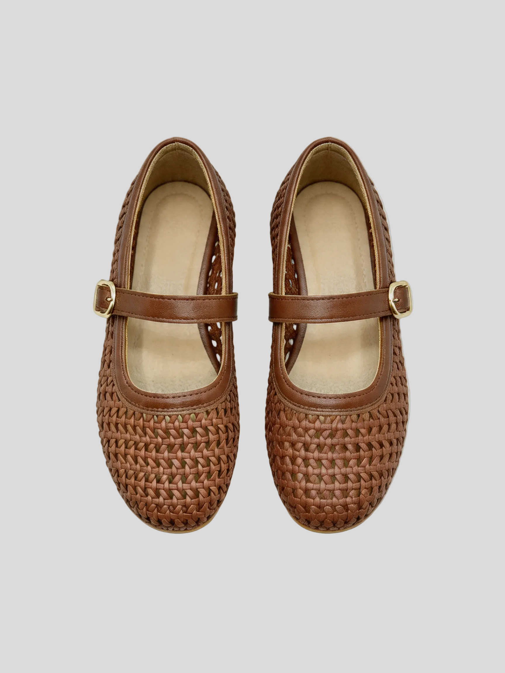 Woven leather Mary Jane flat round toe gold buckle strap cognac tan women's