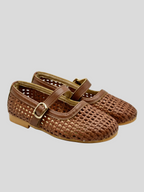 Woven leather Mary Jane flat round toe gold buckle strap cognac tan women's