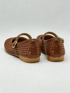 Woven leather Mary Jane flat round toe gold buckle strap cognac tan women's