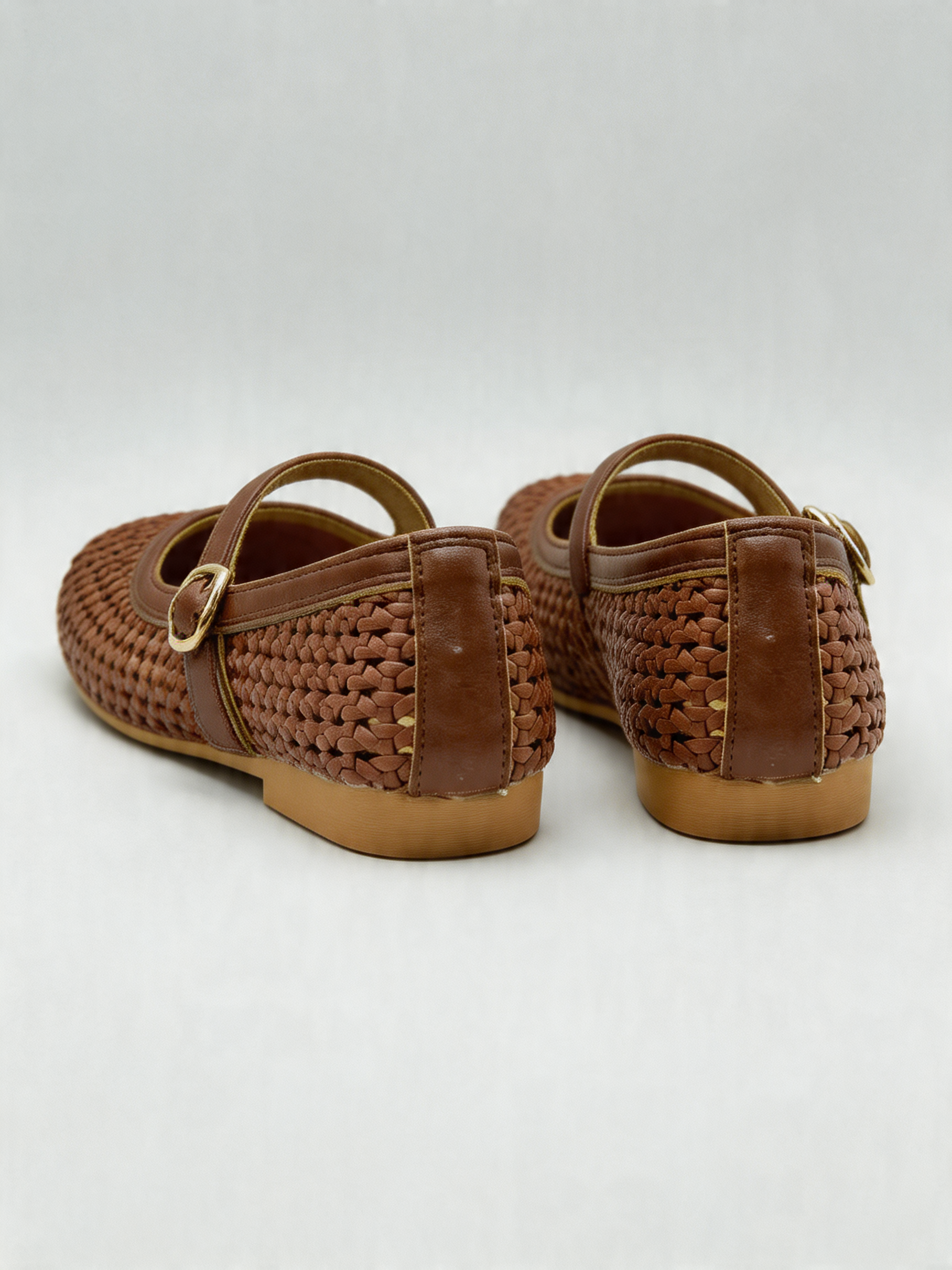 Woven leather Mary Jane flat round toe gold buckle strap cognac tan women's