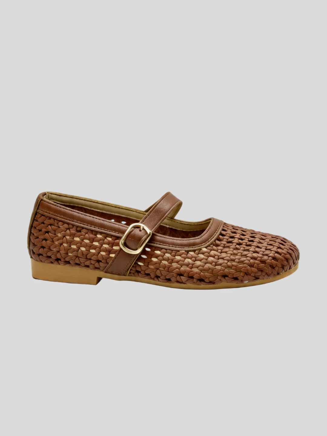 Woven leather Mary Jane flat round toe gold buckle strap cognac tan women's