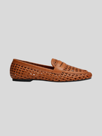 Woven leather penny loafer flat open weave square toe cognac tan women's