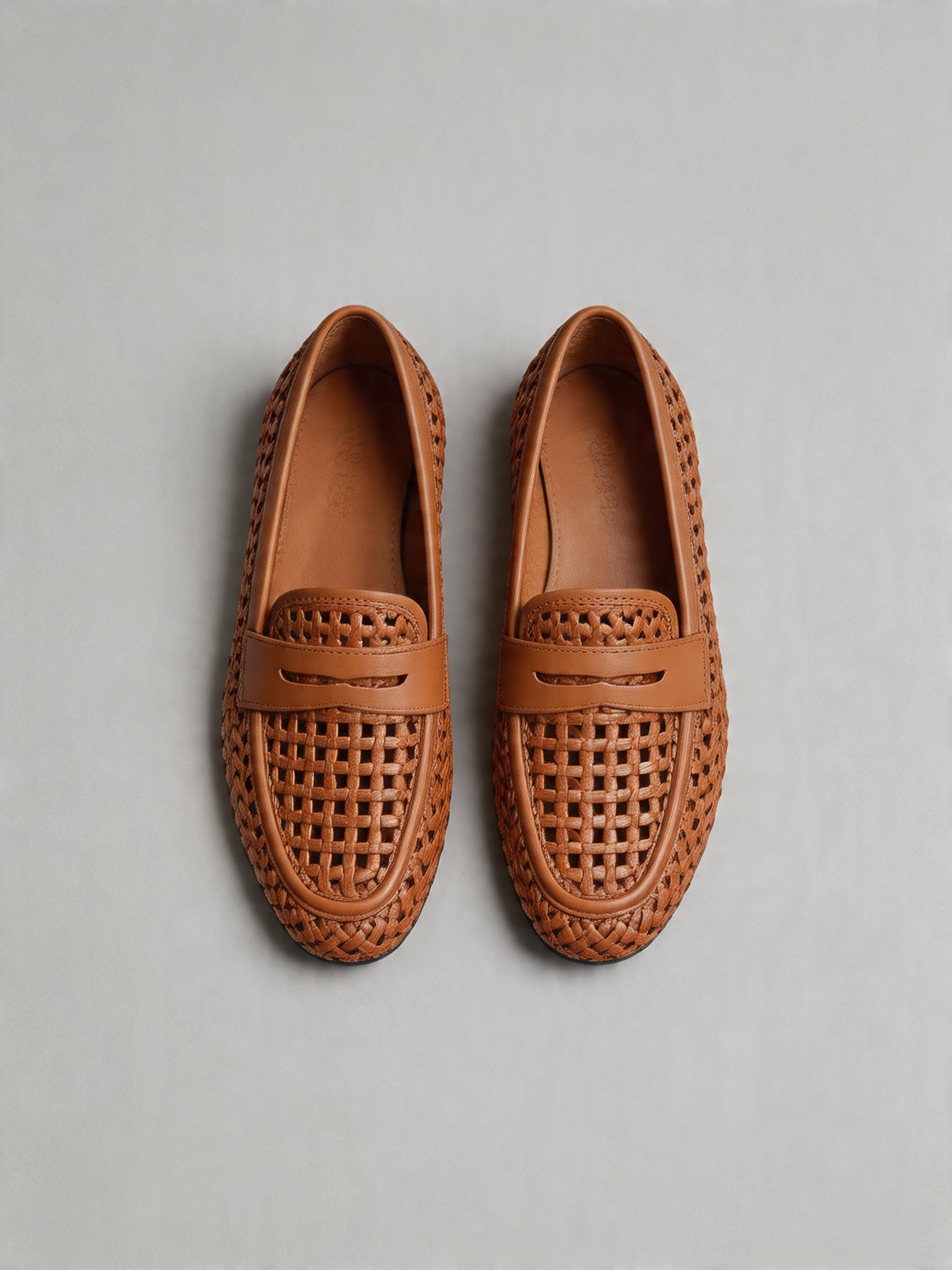 Woven leather penny loafer flat open weave square toe cognac tan women's