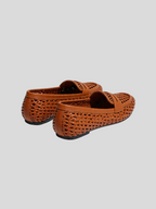 Woven leather penny loafer flat open weave square toe cognac tan women's