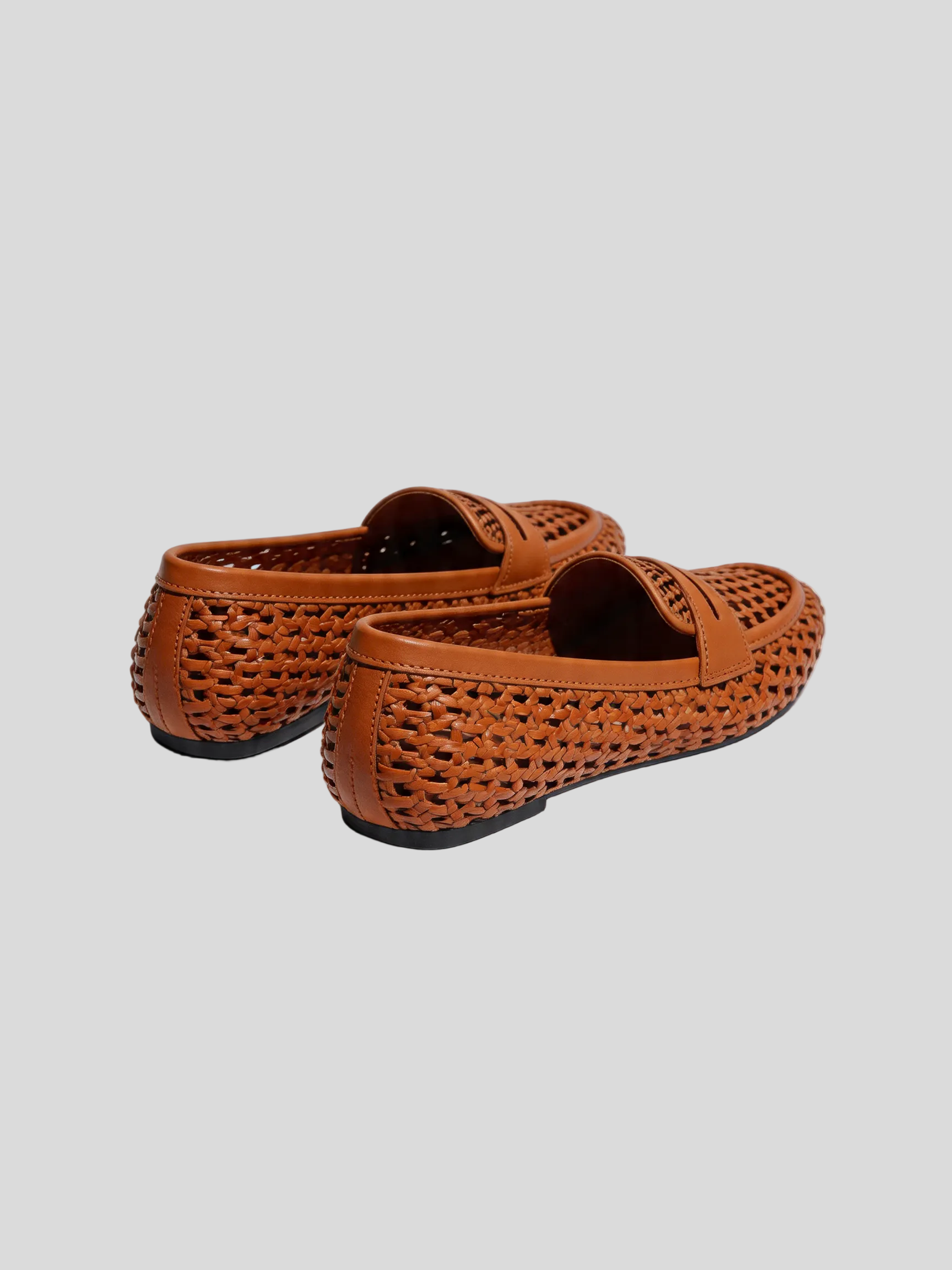 Woven leather penny loafer flat open weave square toe cognac tan women's