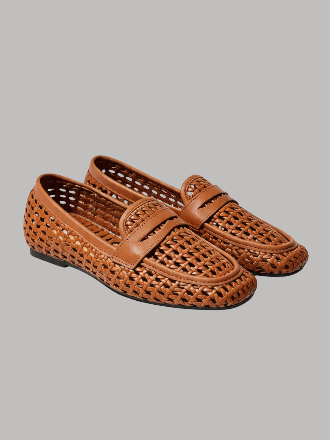 Woven leather penny loafer flat open weave square toe cognac tan women's